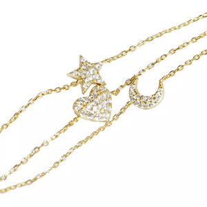 Pulsera dorada triple corazón, luna y estrella